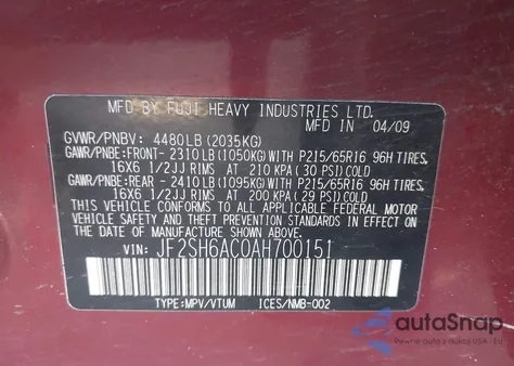 2010 Subaru Forester 2.5X from USA, damaged, VIN JF2SH6AC0AH700151